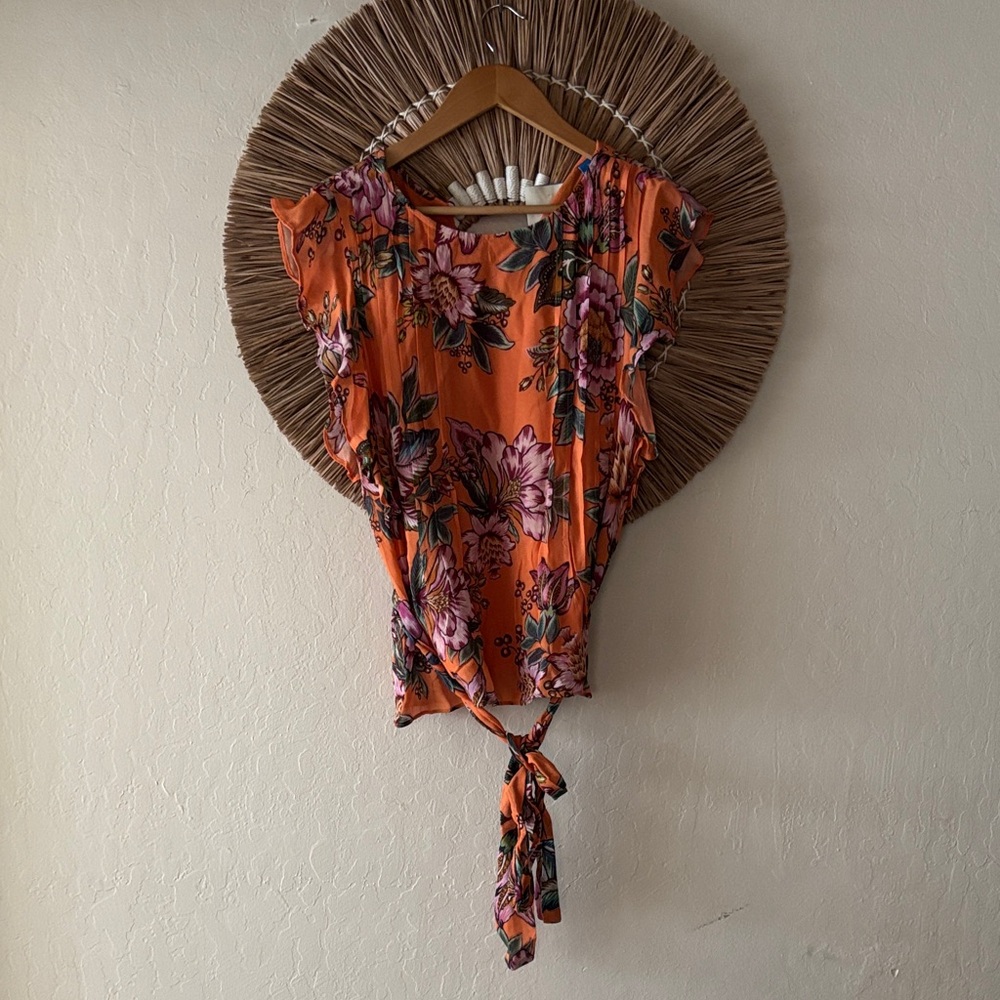 FARM Rio Orange Floral Tie-Front Top with Pink & Green Accents